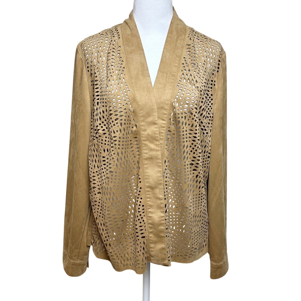 Chicos Laser Cut Faux Suede Cardigan Jacket Size 2 Womens Tan Open Front Layer